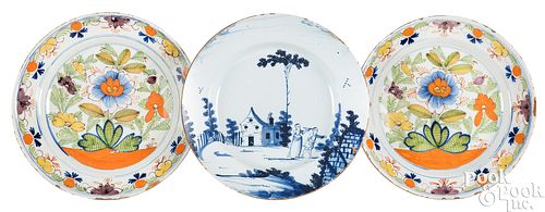 THREE DUTCH DELFTWARE CHARGERS,
