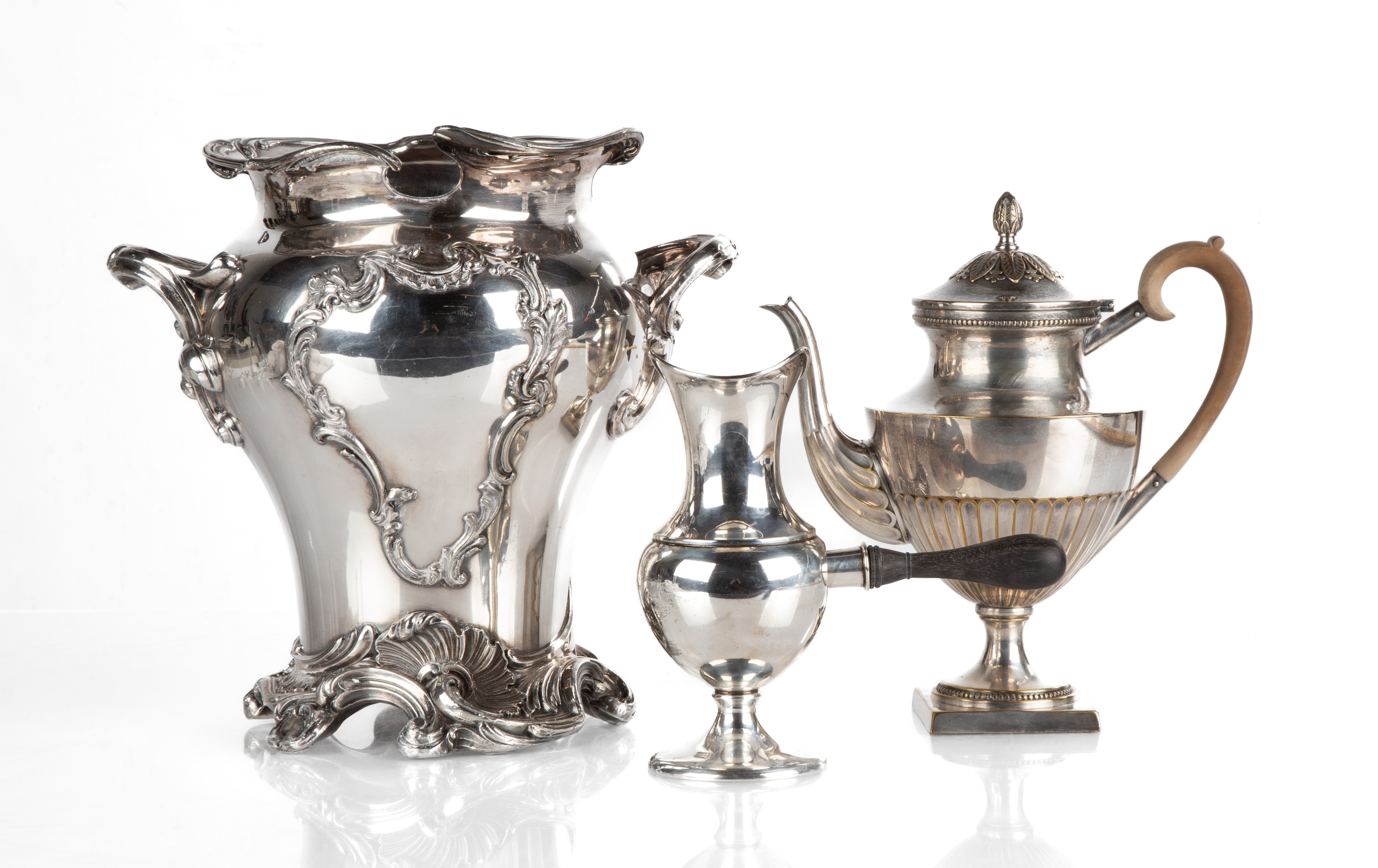 SILVER PLATE WINE COOLER, TEAPOT