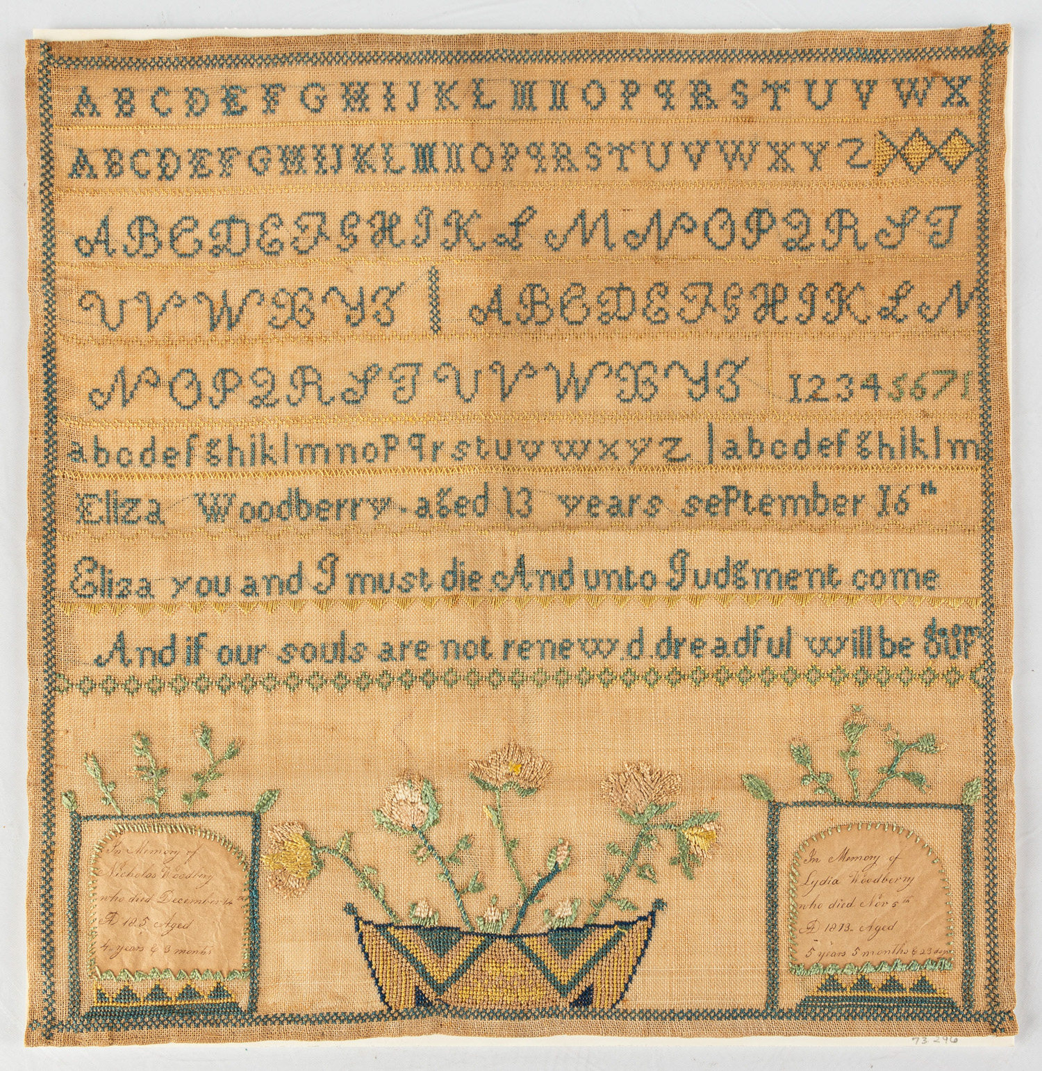 ELIZA WOODBERRY, MEMORIAL SAMPLER Early