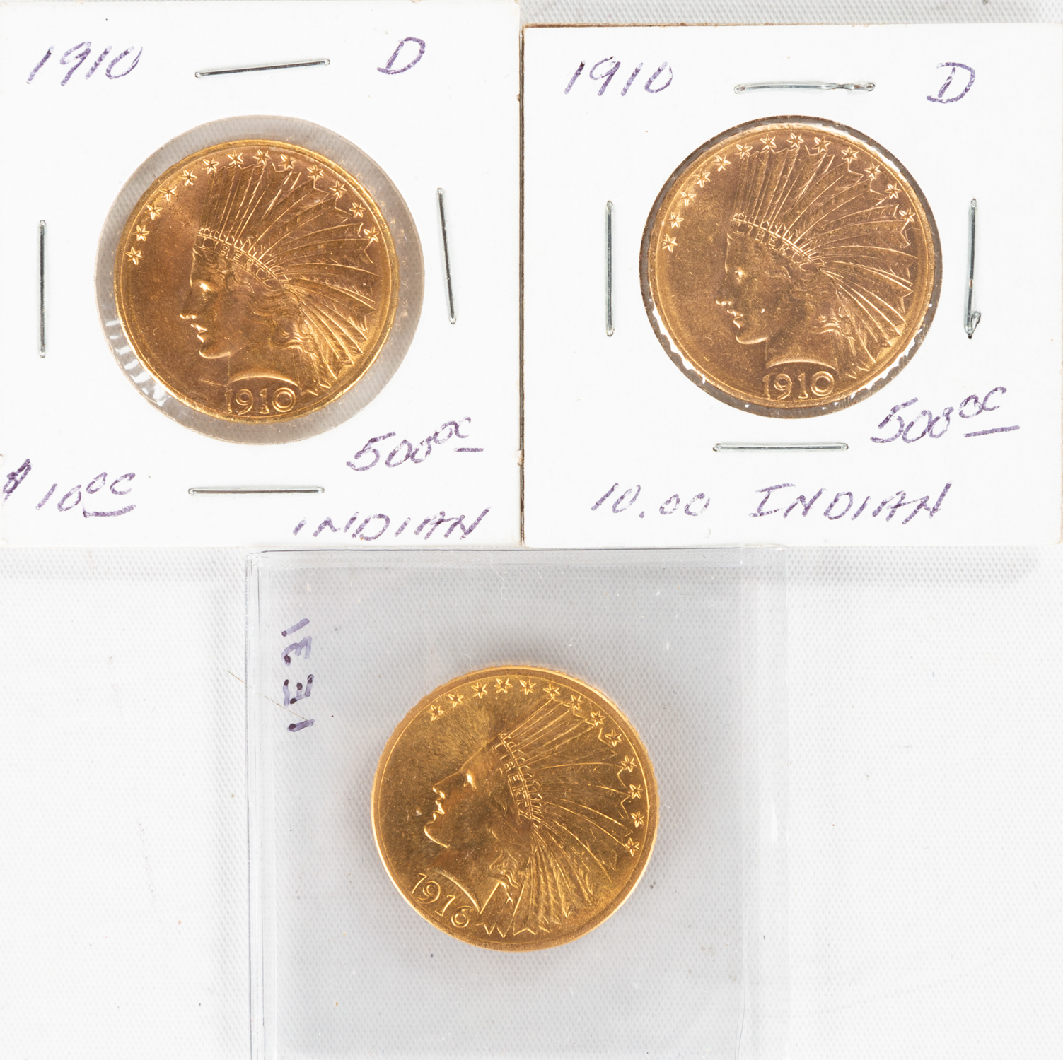 THREE U.S. $10 INDIAN HEAD GOLD