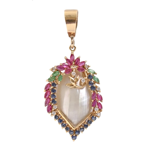 A baroque pearl and multi-gem pendant,