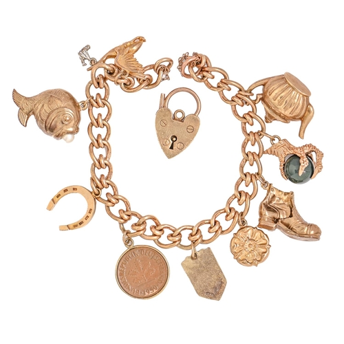 A 9ct gold charm bracelet and padlock,