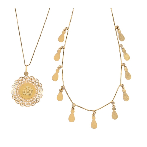 A gold necklace, pendant and chain,