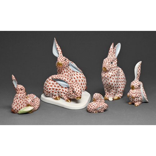 Five Herend models of rabbits, largest