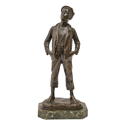 A bronze sculpture of a barefoot youth
