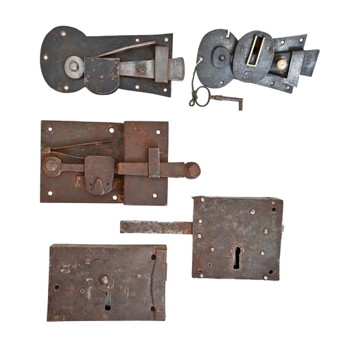 Five iron door locks and bolts,