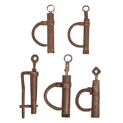 Five iron screw-bolt padlocks,