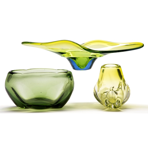 A cased glass free form vase and two