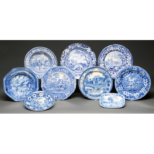 Nine English blue printed earthenware