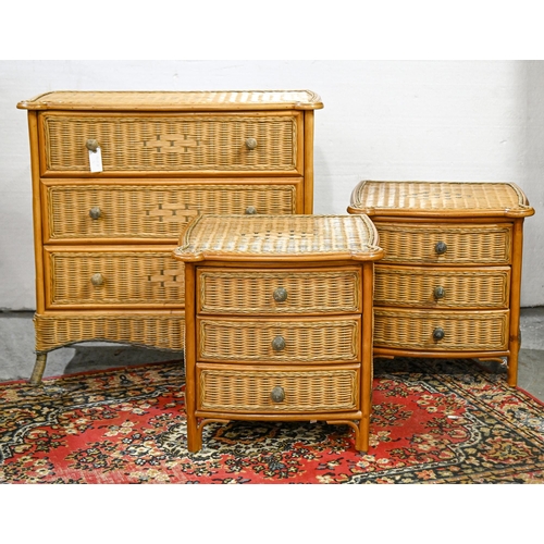 A bamboo and wicker chest of drawers,