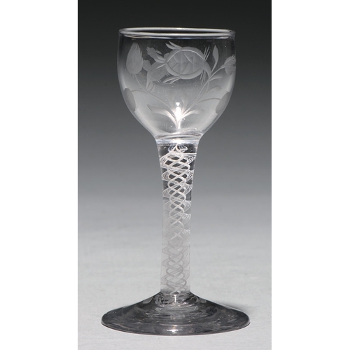 A wine glass, c1770, the cup bowl engraved