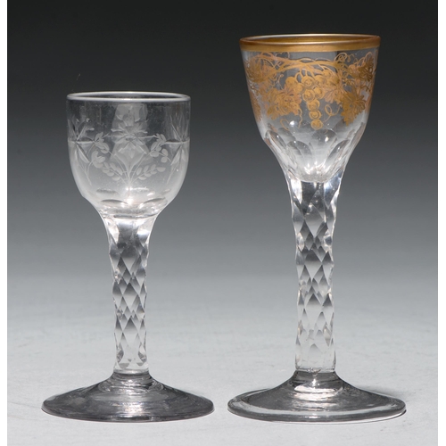 A wine glass, c1780, the ogee bowl gilt