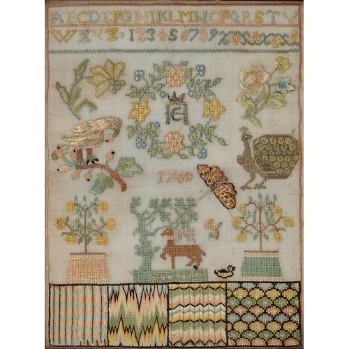 A linen sampler dated 1760, embroidered