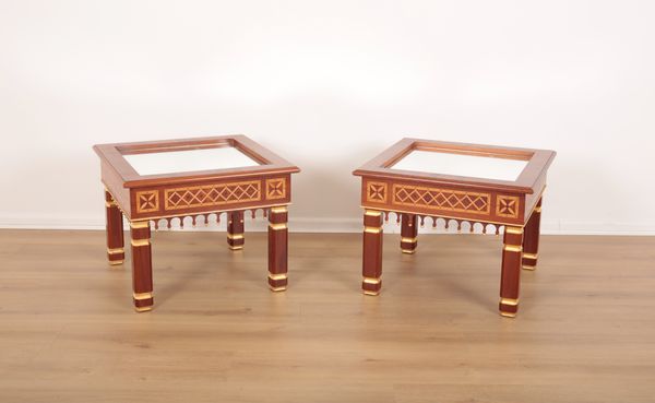 A PAIR OF MAHOGANY, MARQUETRY AND