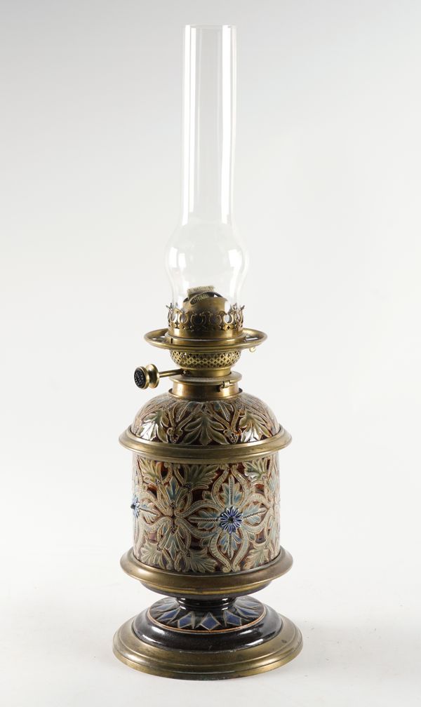 A DOULTON STONEWARE OIL LAMP Dated