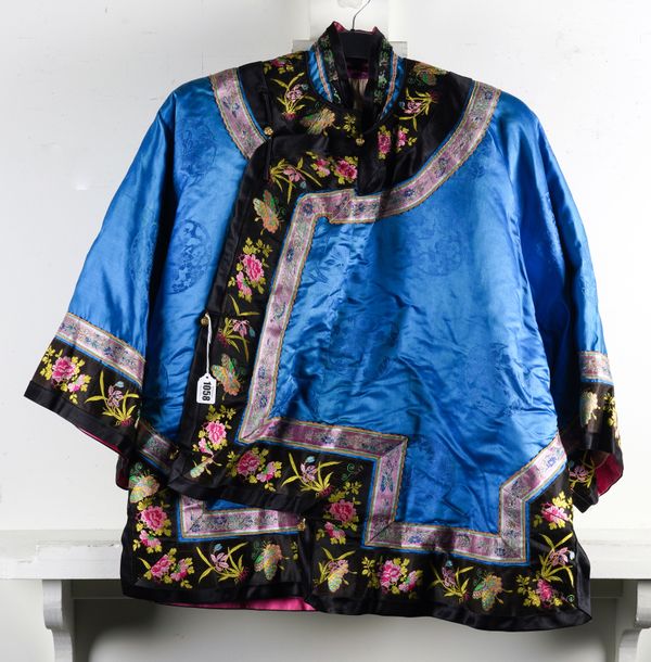 A CHINESE EMBROIDERED BLUE SILK