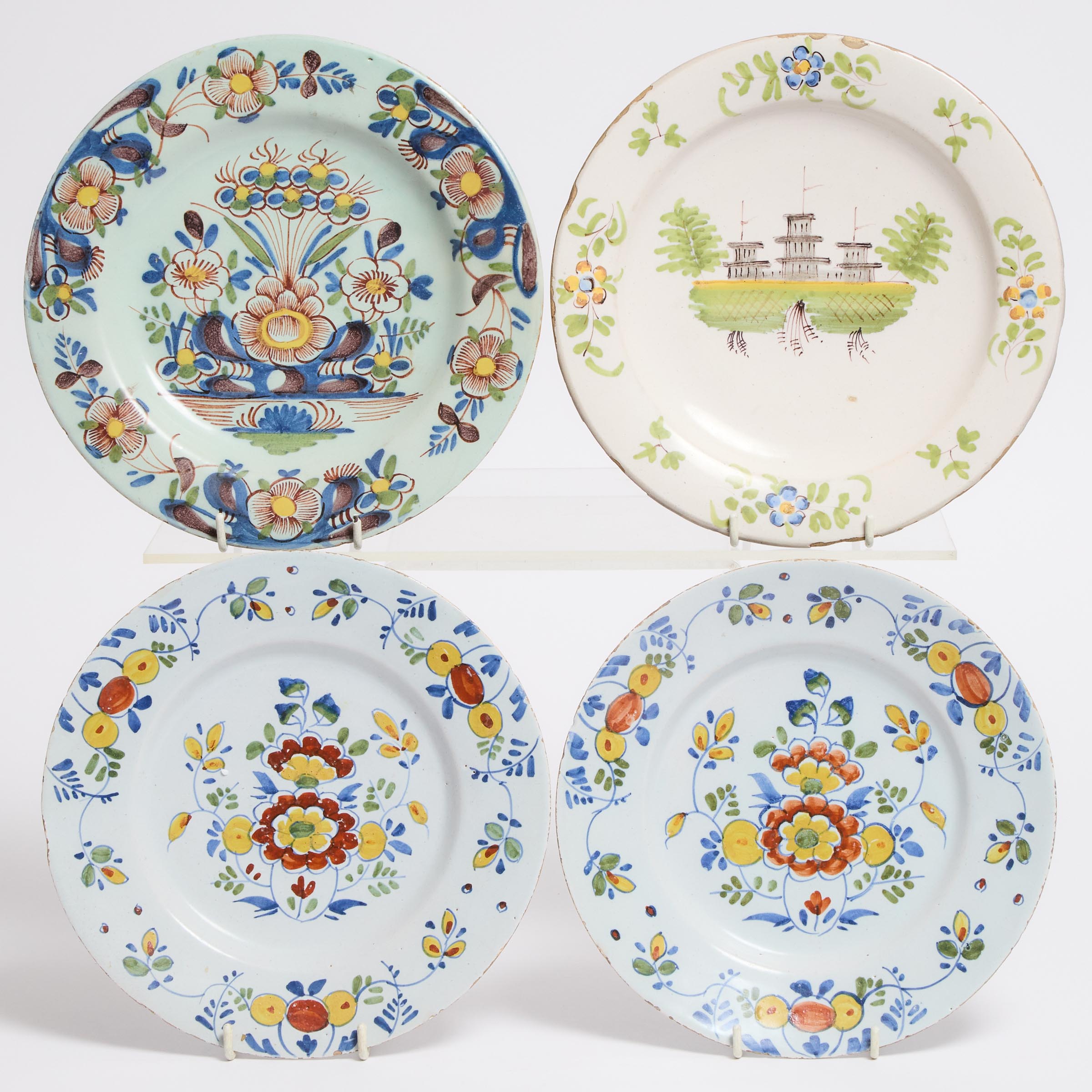 Four English Delft Polychrome Plates,