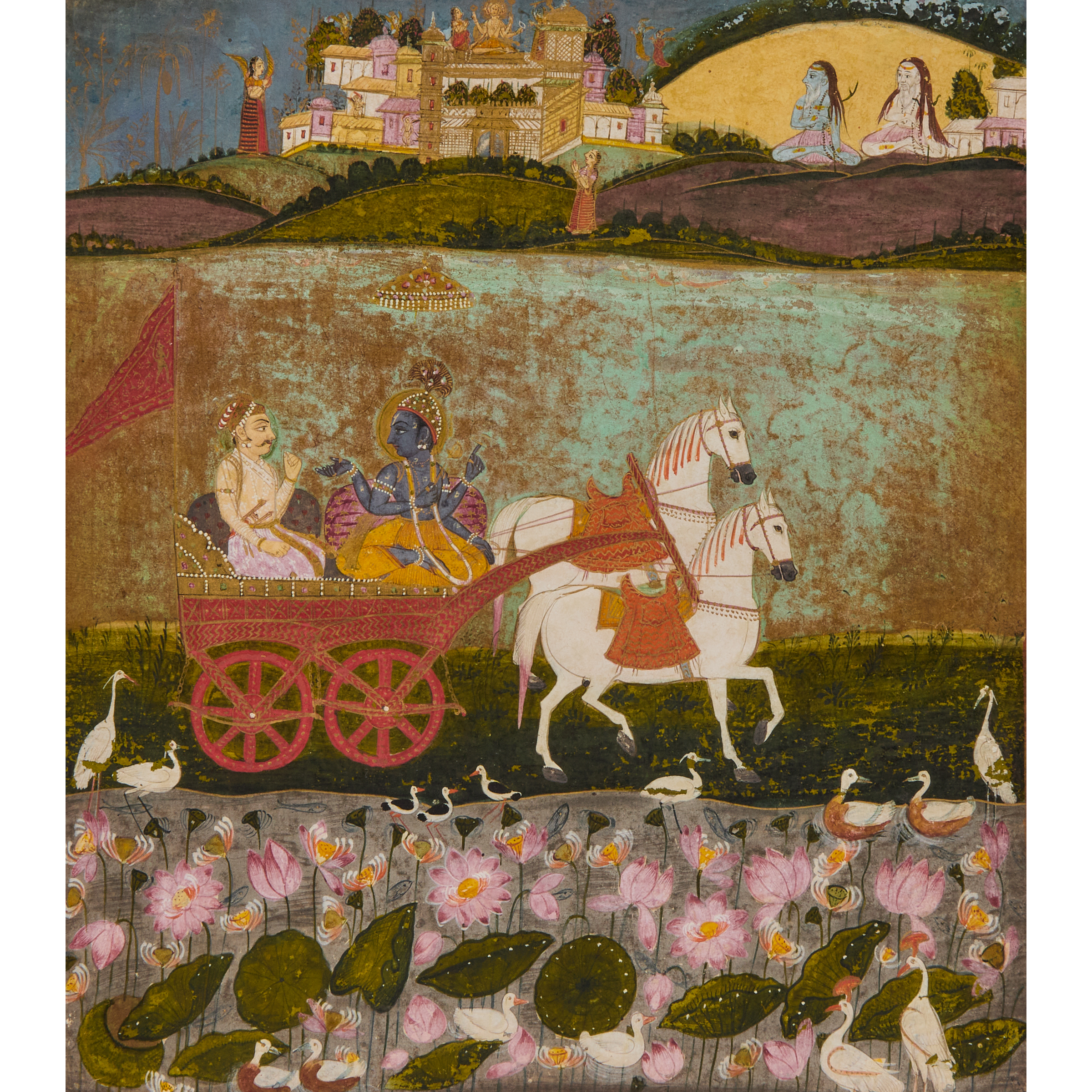 A Painting of Krishna and Arjuna Riding