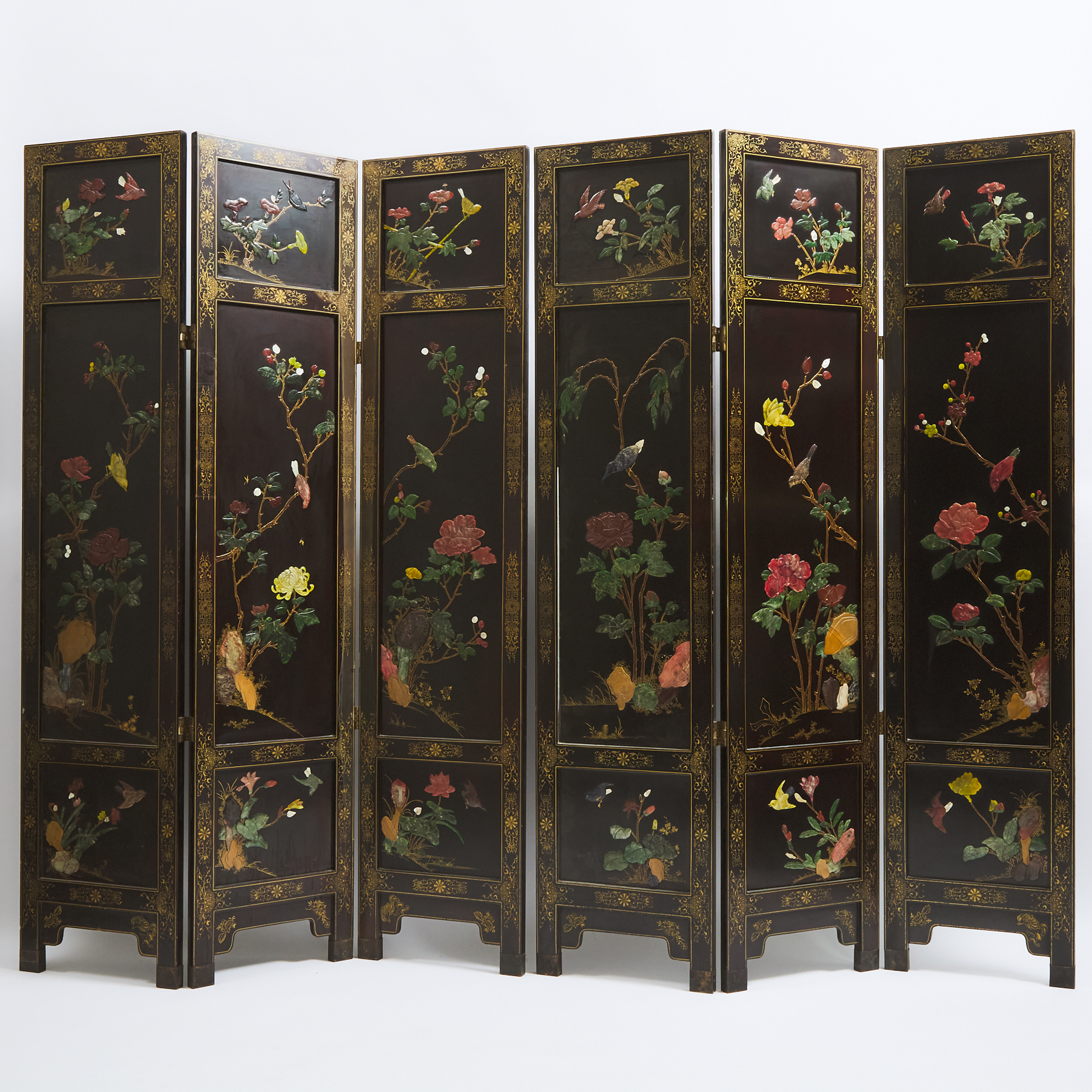 A Chinese Hardstone-Inlaid Six-Panel