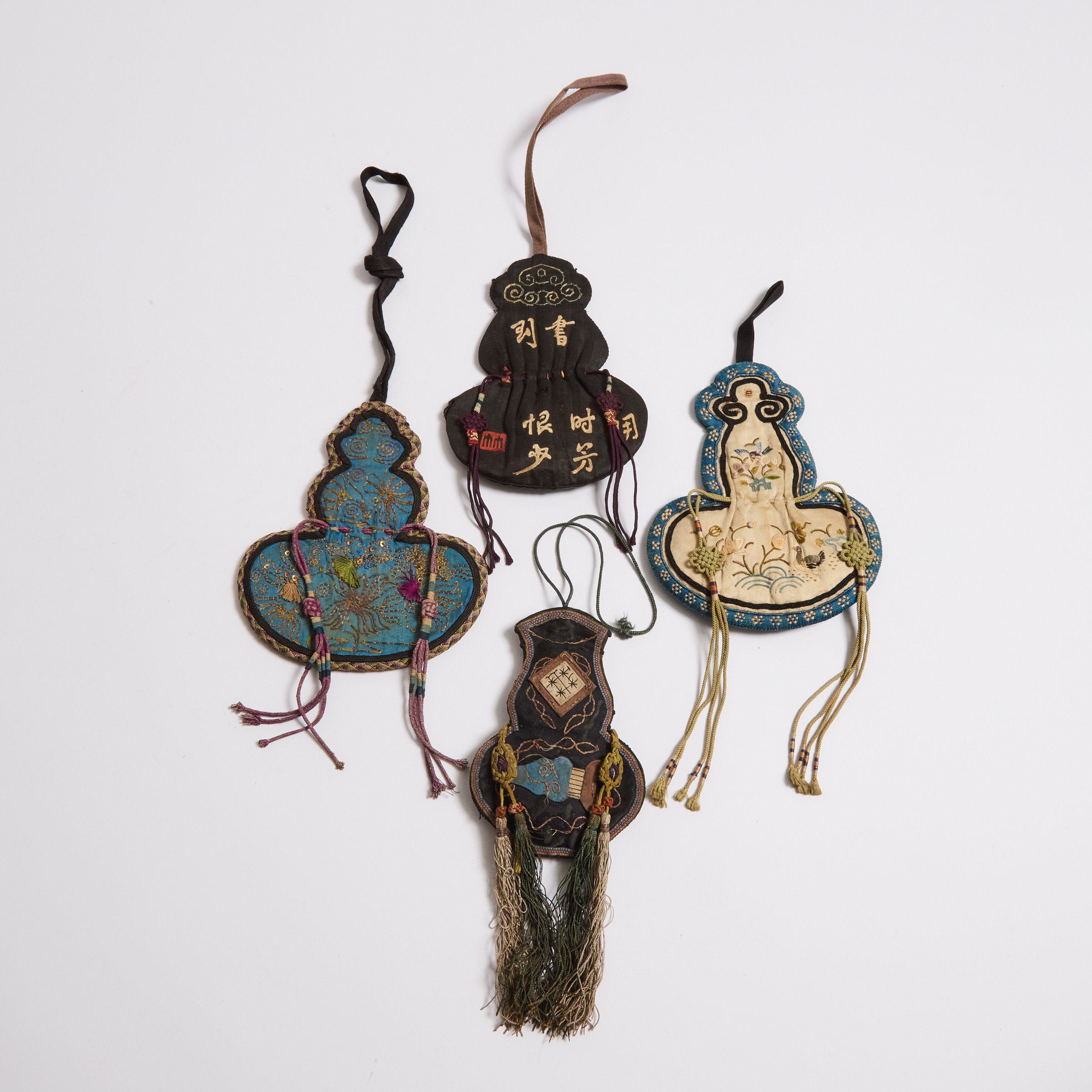 Four Embroidered Silk Double Gourd-Form