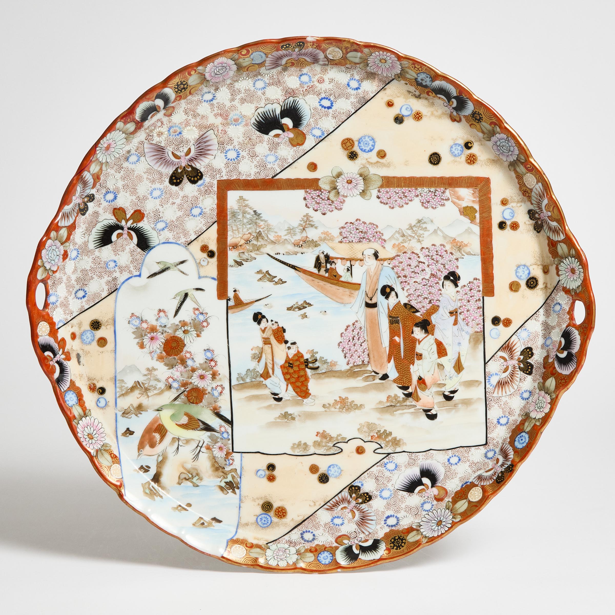 A Large Kutani Porcelain Circular Tray,