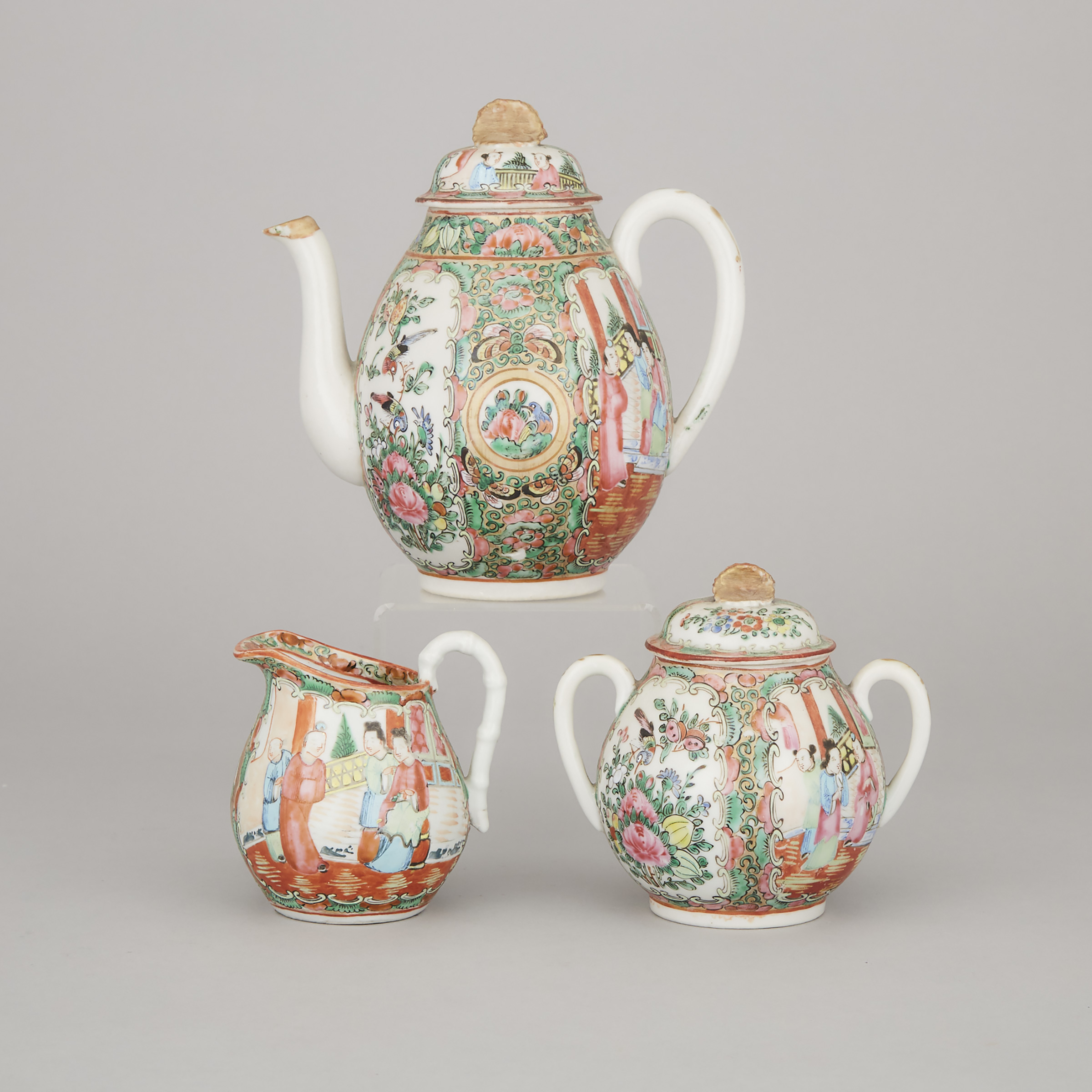 A Three-Piece Canton Famille Rose Tea