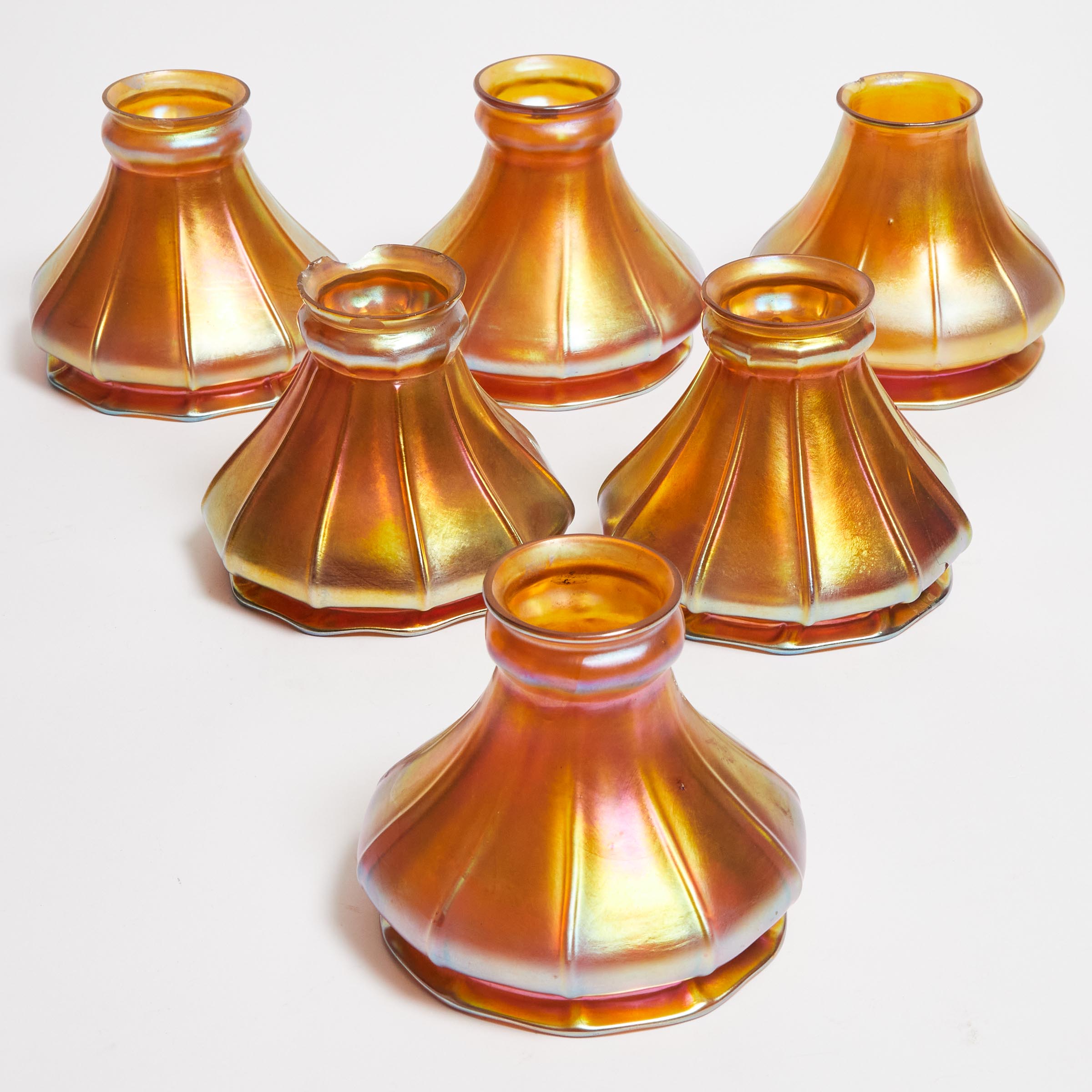 Six Steuben Iridescent Glass Shades,