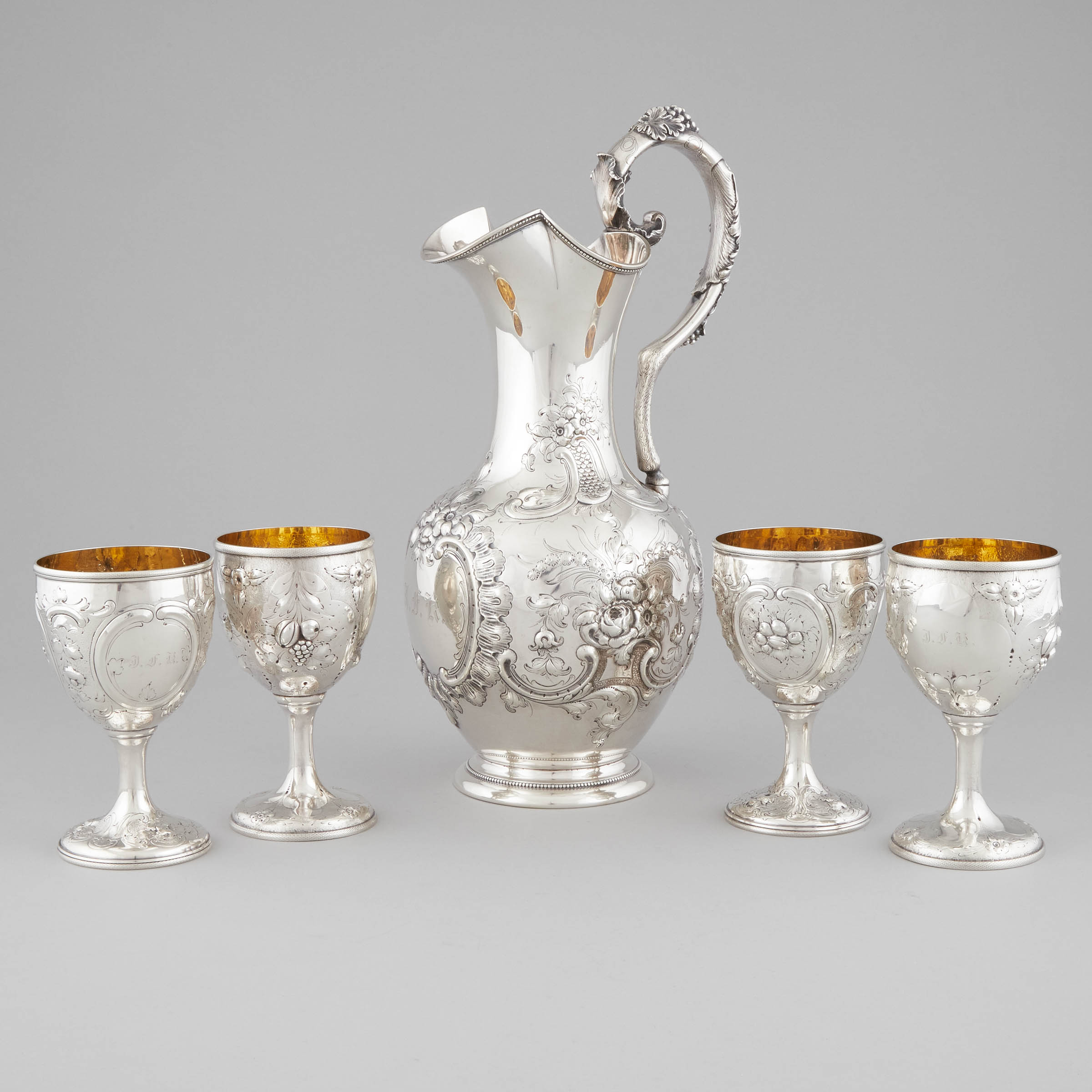 American Silver Ewer and Four Goblets,