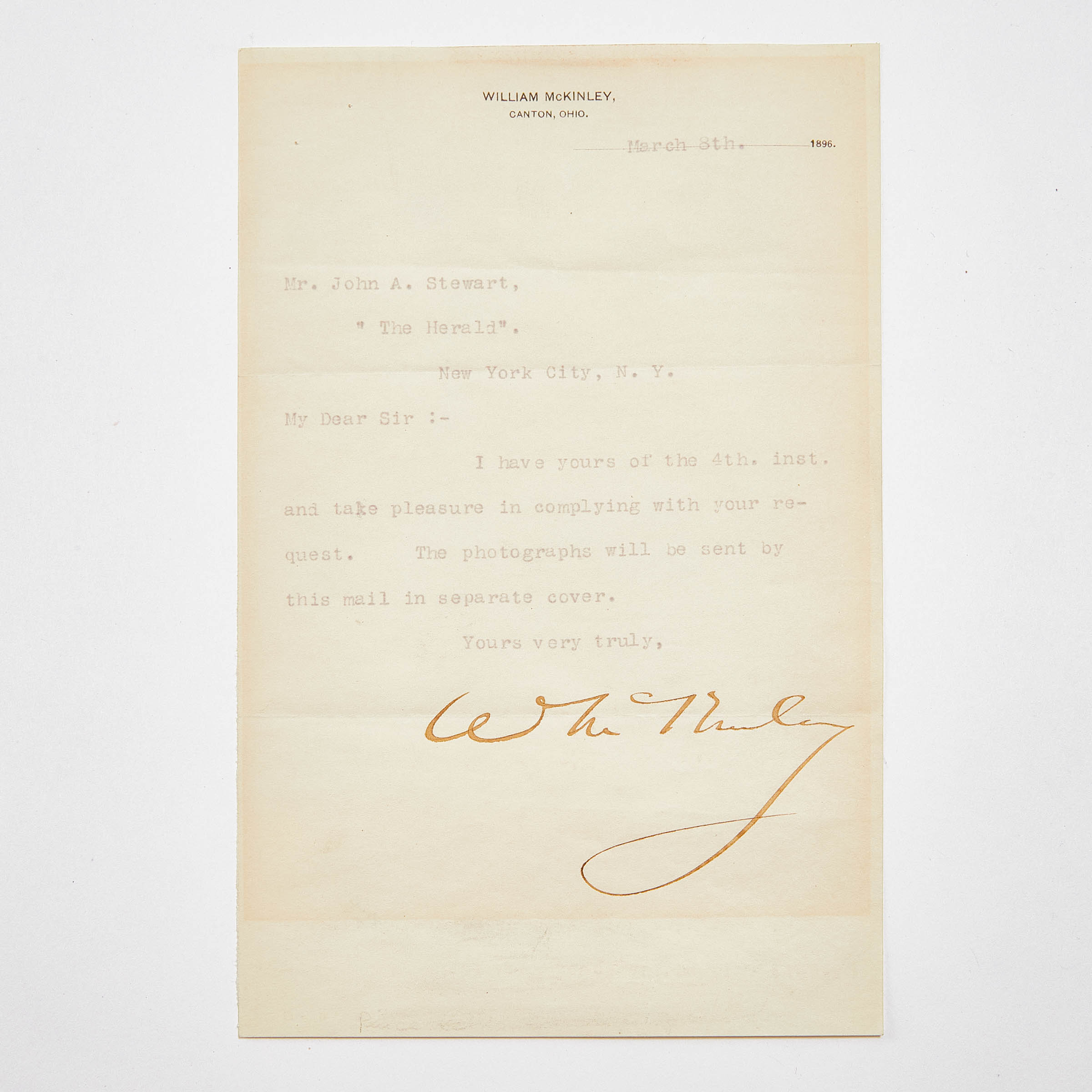 William H. McKinley Signed Letter,