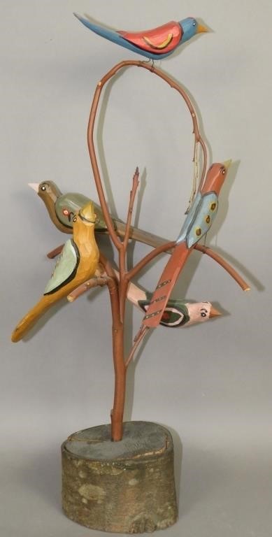 FINE FOLK ART FIVE BIRD TREE BY
