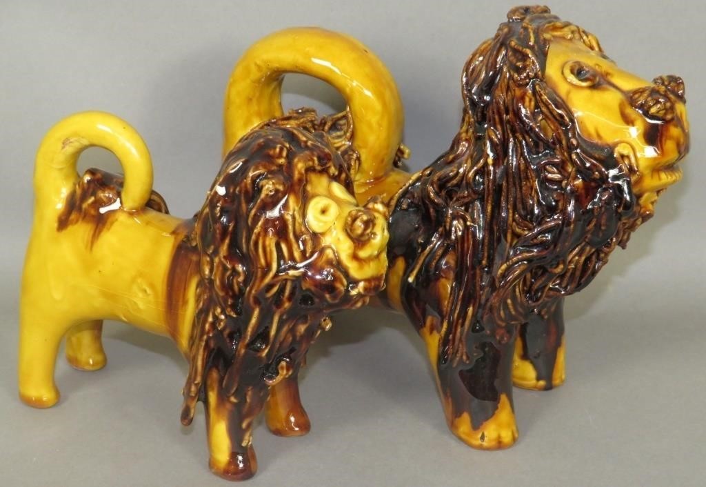 2 REDWARE LIONS BY BREININGER POTTERYca.