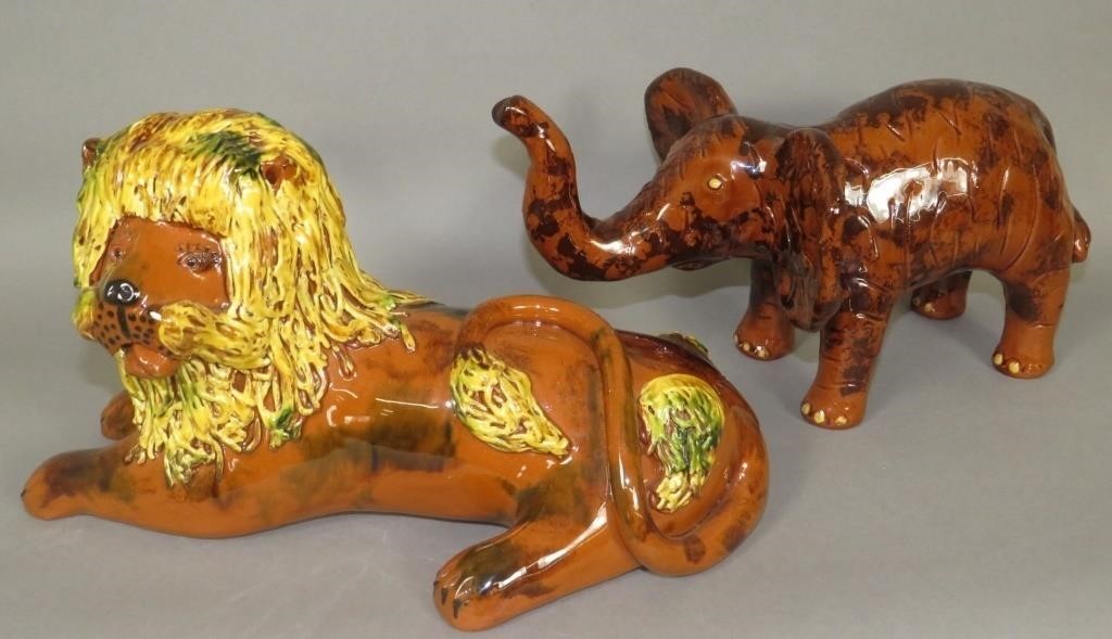 2 FOLK ART REDWARE ANIMAL FIGURES