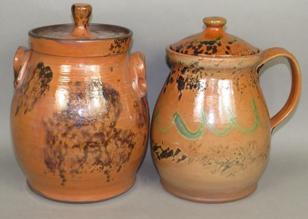 2 FOLK ART REDWARE LIDDED POTS