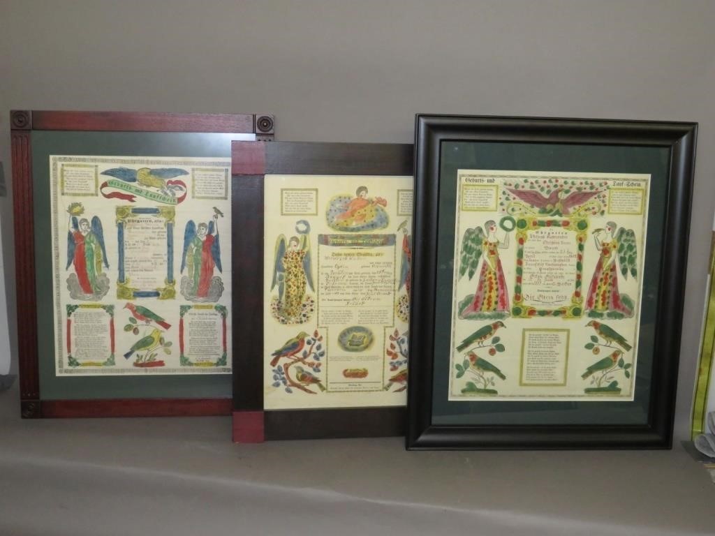 3 FRAMED PRINTED GEBURTS & TAUFSCHEINSca.