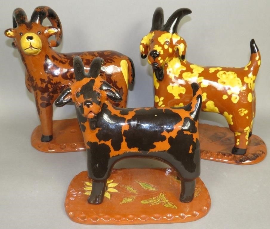 3 FOLK ART REDWARE RAM FIGURES