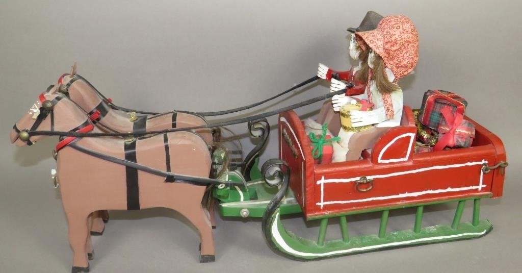 FOLK ART CARVED HORSES & BOX SLEIGH