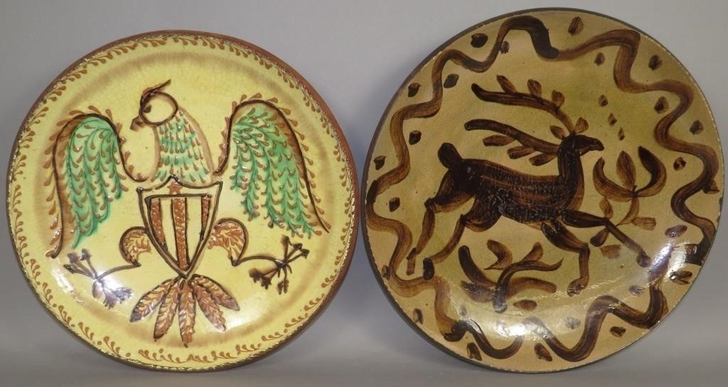 2 SLIPWARE DECORATED REDWARE CHARGERS