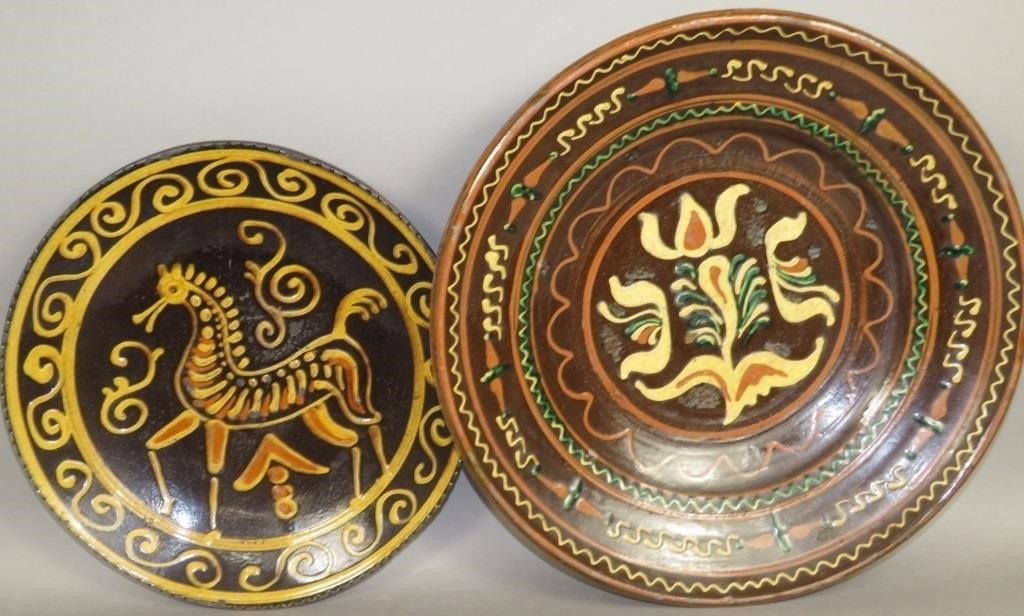 2 FOLK ART SLIPWARE PLATES BY MARY