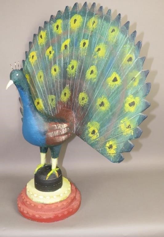 LARGE FOLK ART CARVED PEACOCK BY