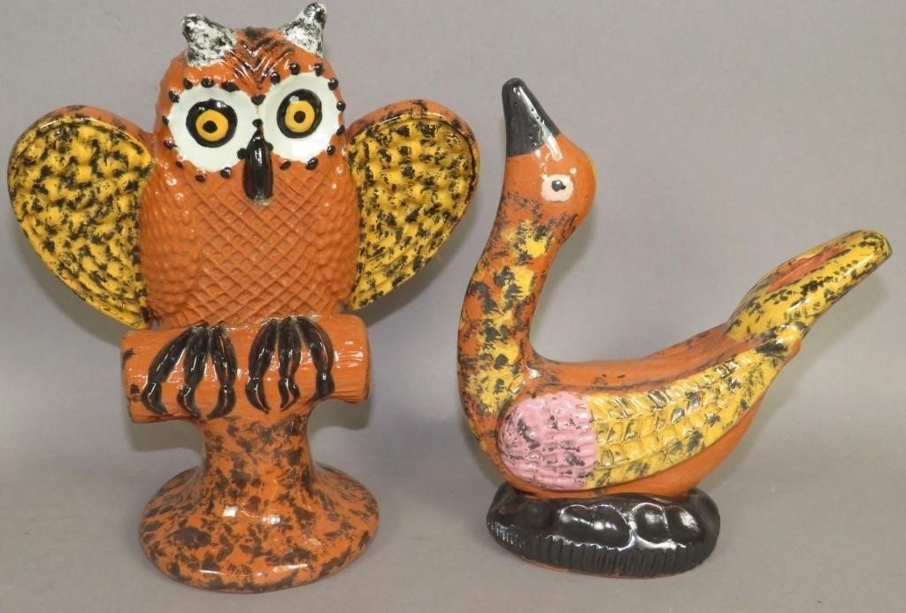 2 FOLK ART REDWARE BIRDS BY JAMES