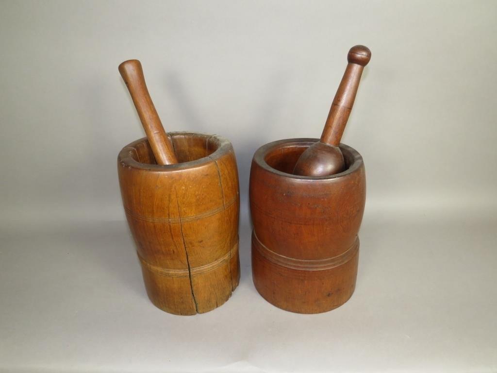 2 EARLY TURNED WOOD MORTAR AND