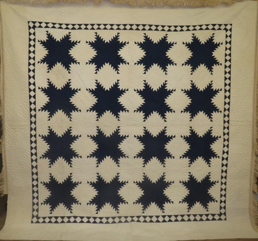 EARLY BLUE & WHITE PATCHWORK FEATHERED