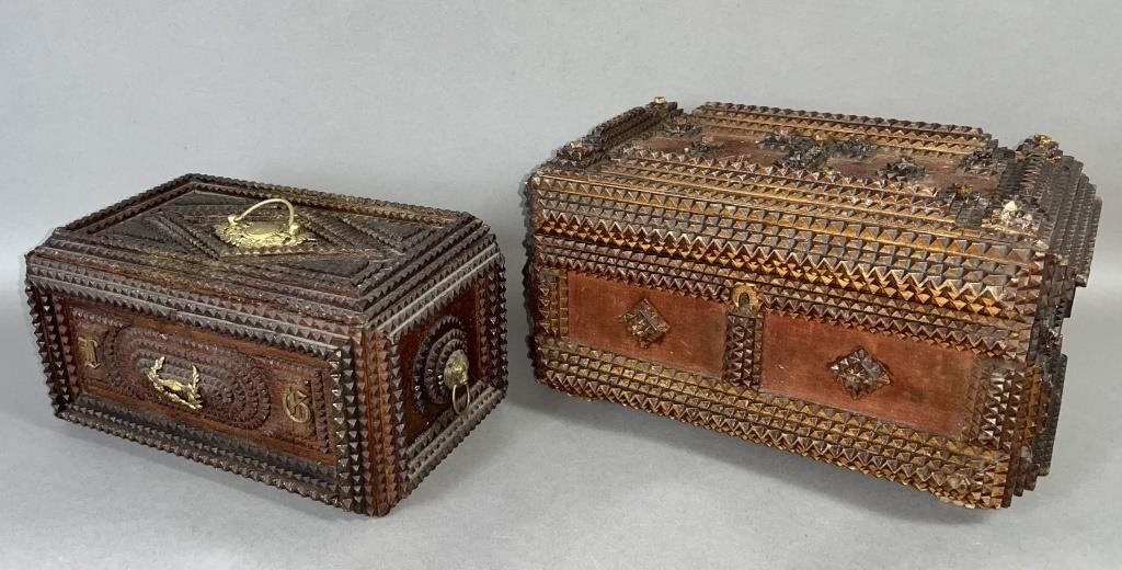 2 TRAMP ART TRINKET BOXES CA. 1880-1920;