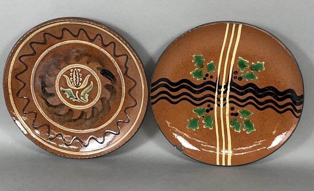 2 FOLK ART SLIP DECORATED REDWARE