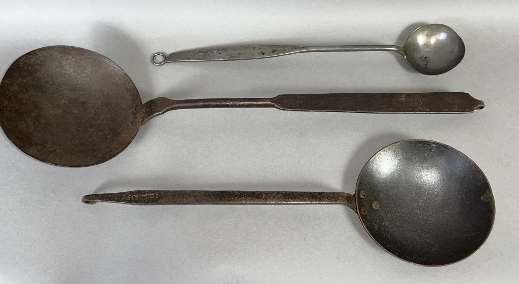 3 SIGNED WROUGHT IRON LADLES CA.
