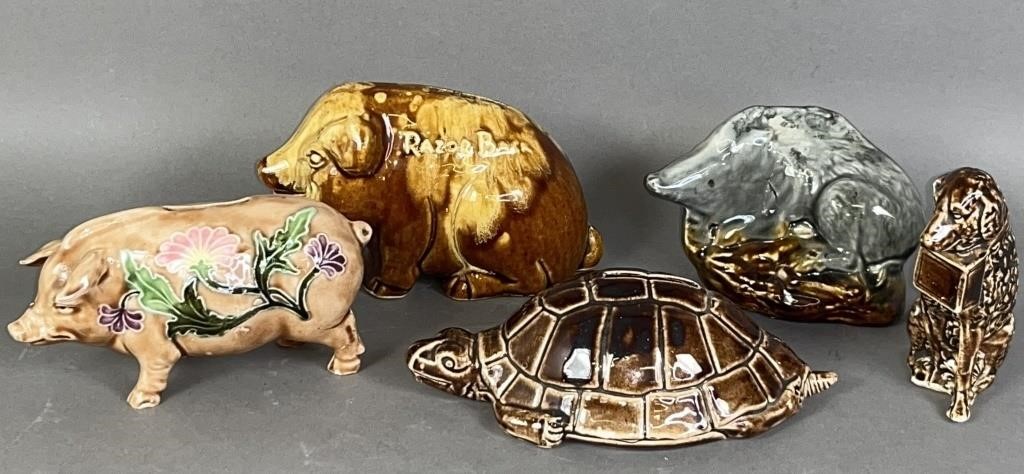 5 CERAMIC ANIMAL FIGURAL BANKS