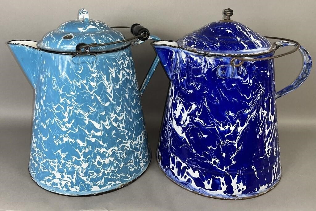 2 BLUE AGATE COFFEE POTS CA. 1870-1920;