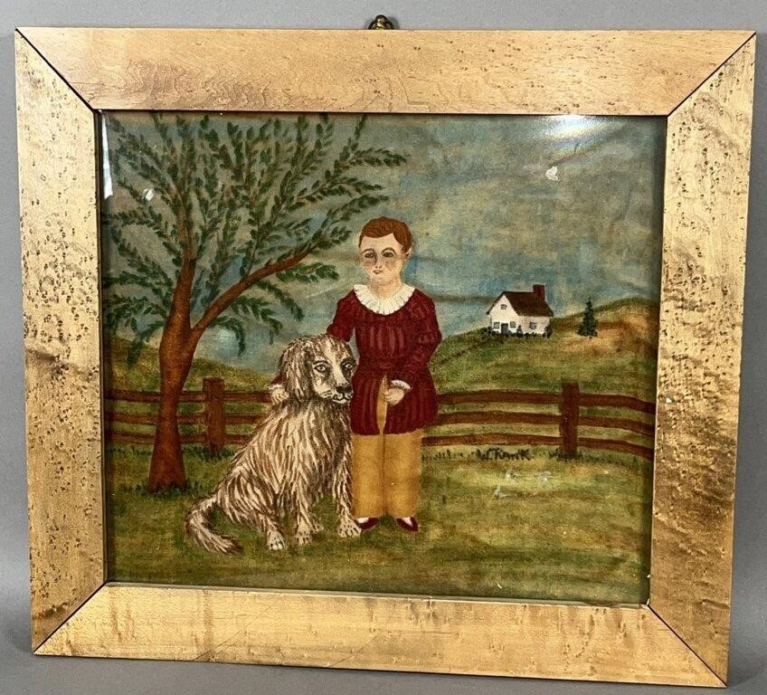 FRAMED FOLK ART THEOREM BOY & DOG BY