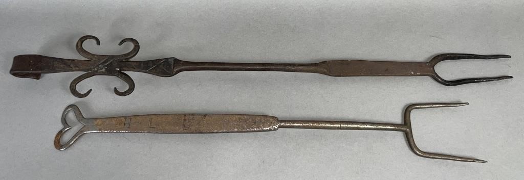 2 HAND WROUGHT IRON ROASTING FORKS