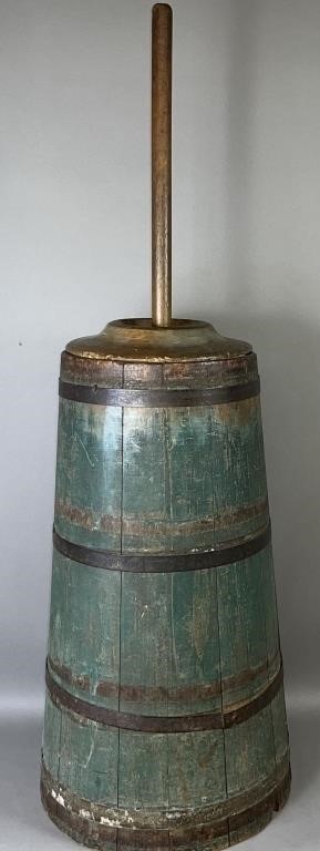 BLUE PAINTED COOPERED BUTTER CHURN